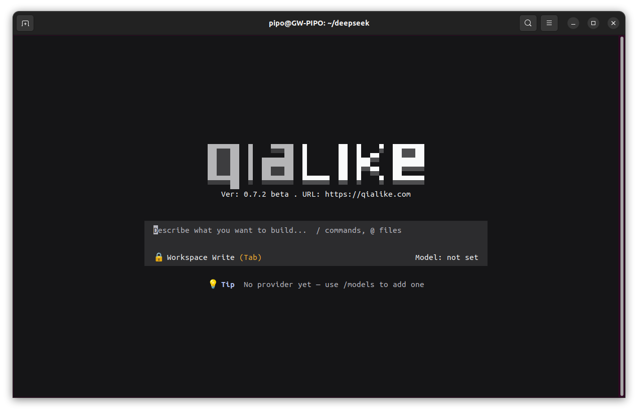 The qialike hero screen: the wordmark and composer card, with the model label reading not set and the tip No provider yet — use /models to add one