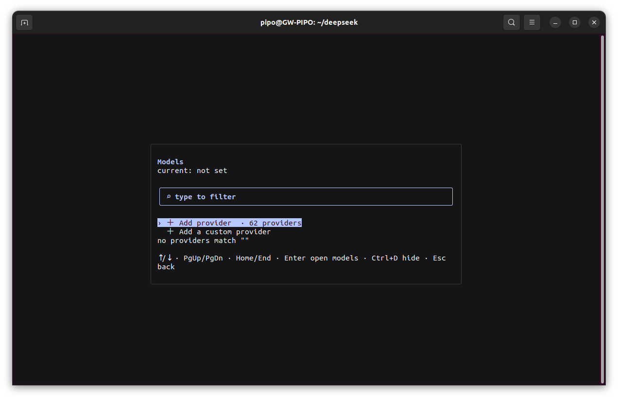 The /models dialog: the provider list with a filter box and + Add provider · 62 providers
